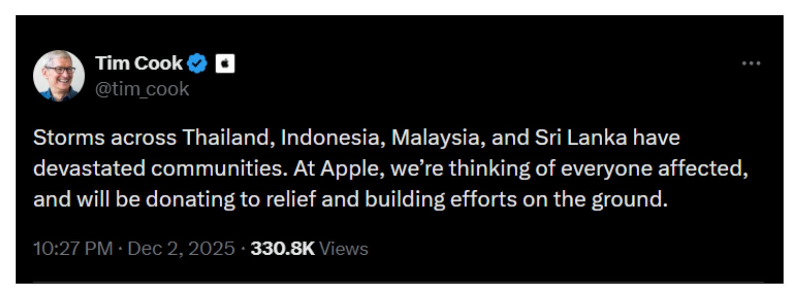 Apple's Tim Cook Pledges Aid for Flood-Hit Nations